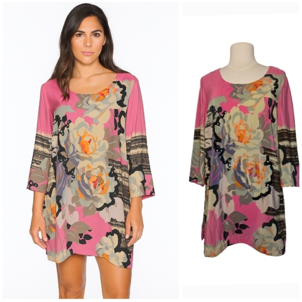 Floral Pink 3/4 Sleeve 100% Silk Tunic